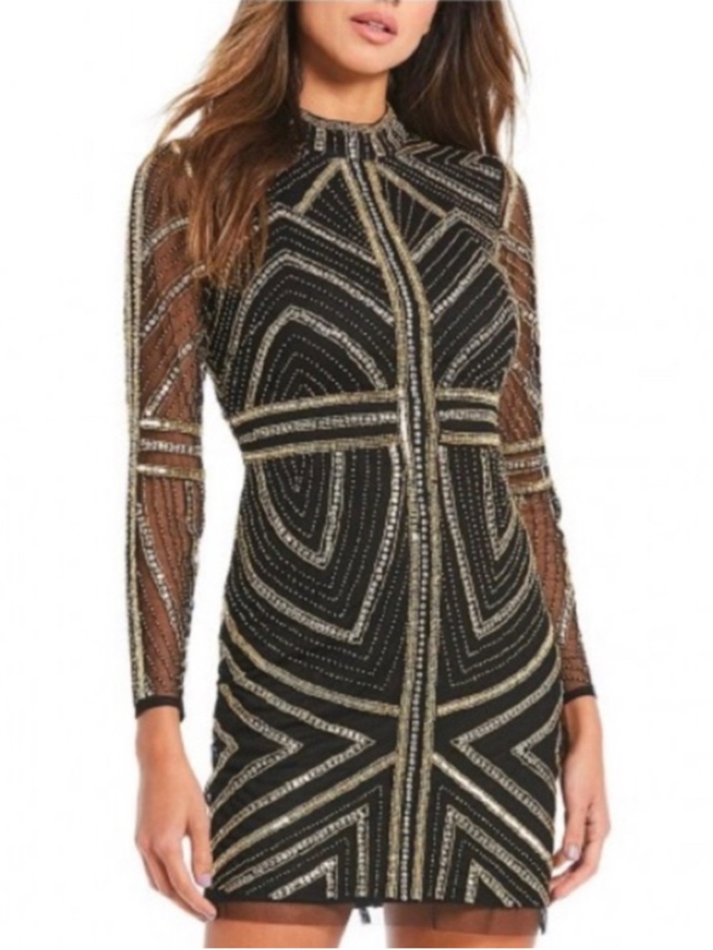 Gianni Bini Black Mesh Gold Beaded Dress Size 4